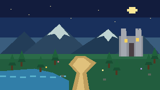草原の道と遠くの城を描いたドット絵
